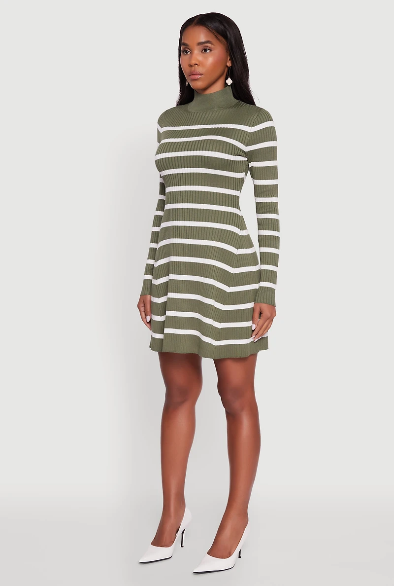 Womens Rib Knit Striped Long Sleeve Sweater Dress, Green,
