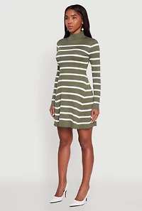 Womens Rib Knit Striped Long Sleeve Sweater Dress, Green,