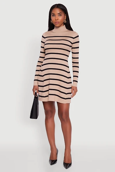 Womens Rib Knit Striped Long Sleeve Sweater Dress,