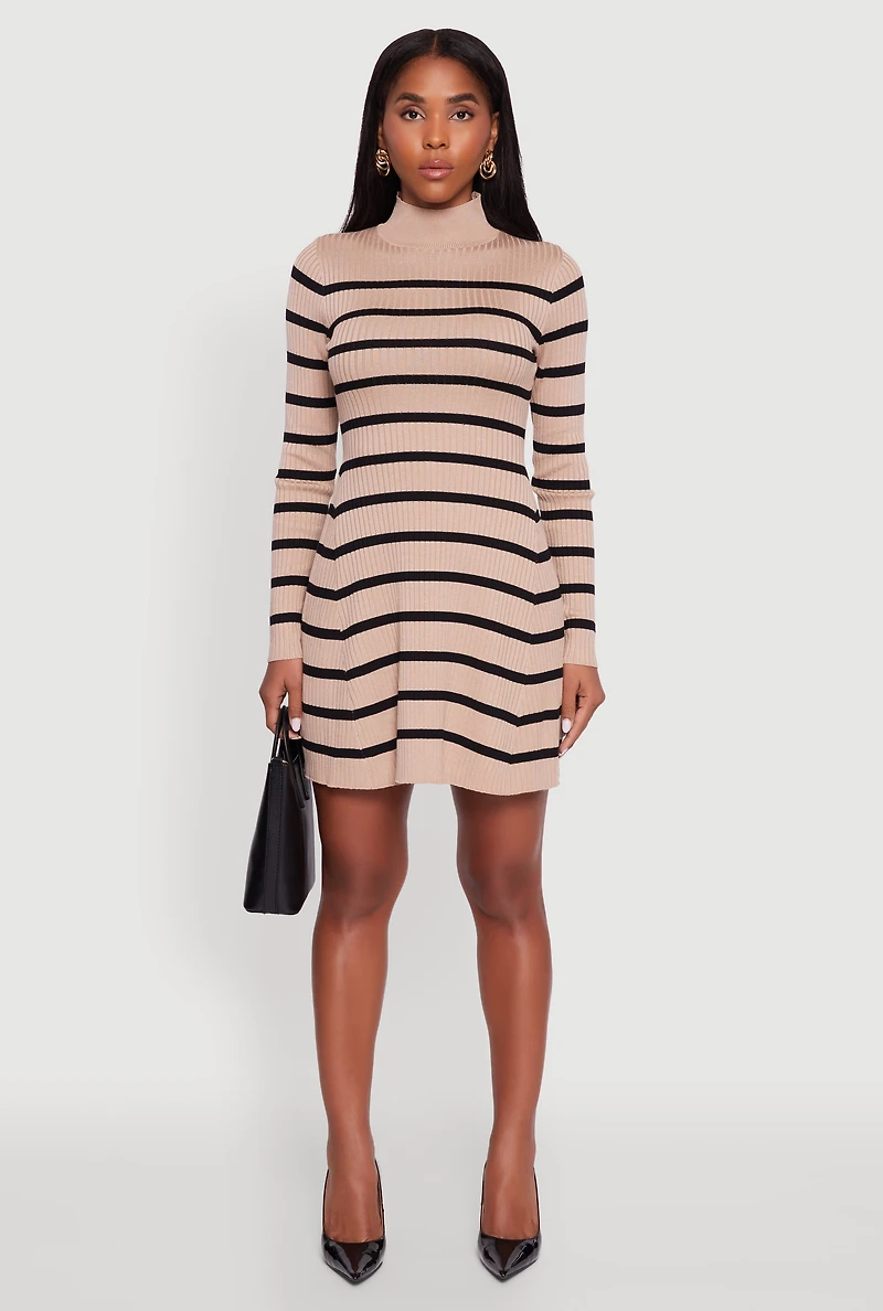 Womens Rib Knit Striped Long Sleeve Sweater Dress,