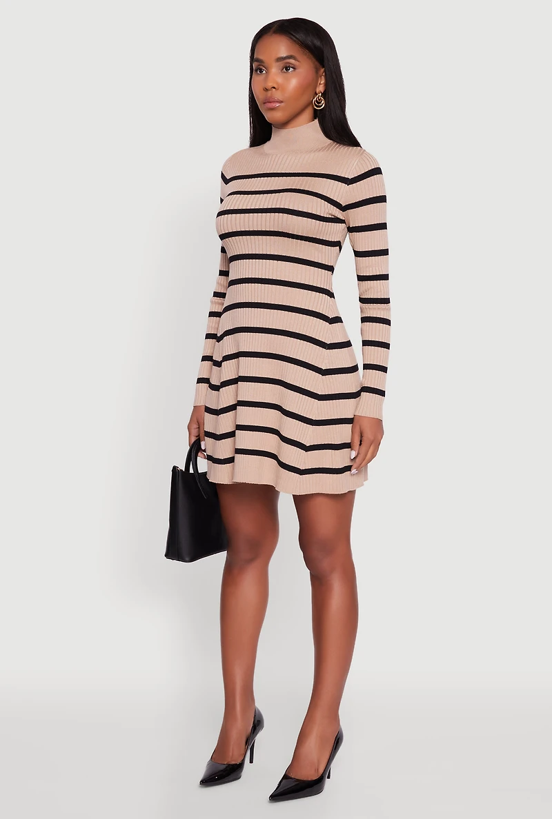 Womens Rib Knit Striped Long Sleeve Sweater Dress,