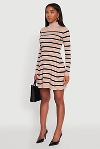 Womens Rib Knit Striped Long Sleeve Sweater Dress,