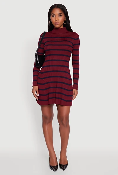 Womens Rib Knit Striped Long Sleeve Sweater Dress, Burgundy, Size M