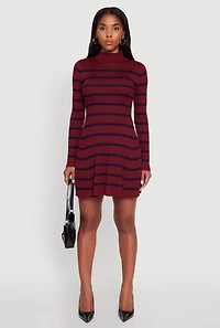 Womens Rib Knit Striped Long Sleeve Sweater Dress, Burgundy, Size M