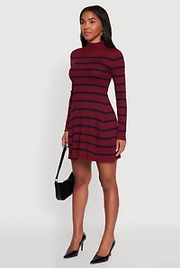 Womens Rib Knit Striped Long Sleeve Sweater Dress, Burgundy, Size M