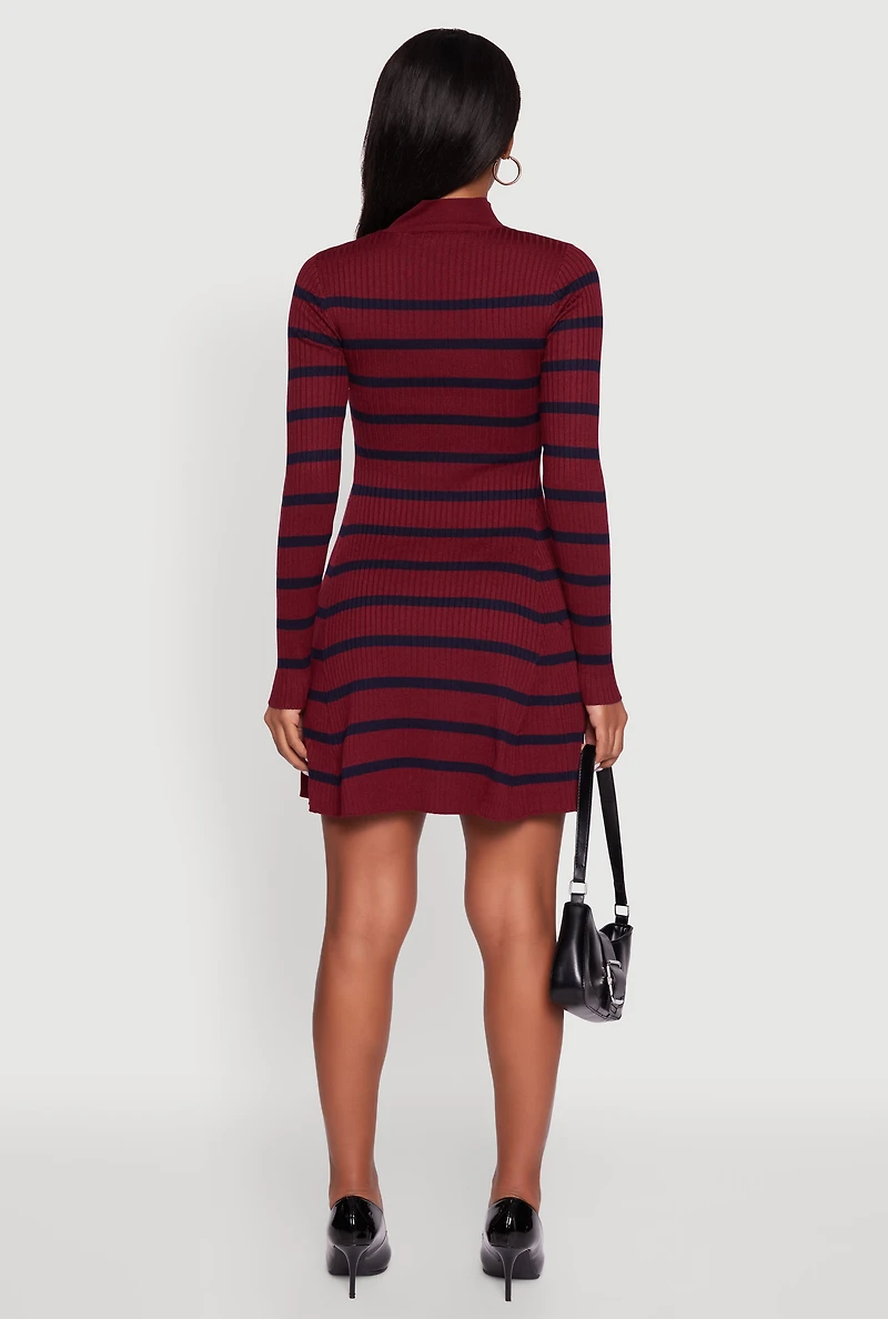 Womens Rib Knit Striped Long Sleeve Sweater Dress, Burgundy, Size M