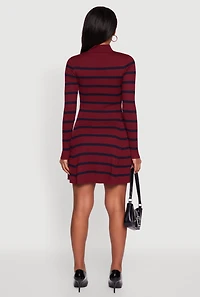 Womens Rib Knit Striped Long Sleeve Sweater Dress, Burgundy, Size M