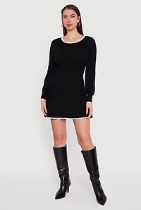 Crew Neck Contrast Trim Long Sleeve Sweater Dress