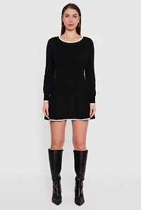 Crew Neck Contrast Trim Long Sleeve Sweater Dress
