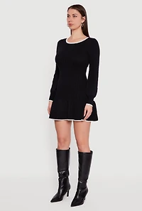 Crew Neck Contrast Trim Long Sleeve Sweater Dress