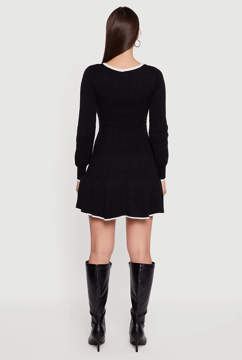 Crew Neck Contrast Trim Long Sleeve Sweater Dress