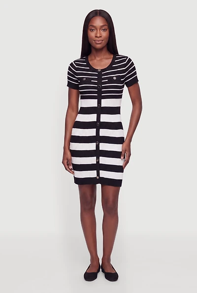 Ribbed Knit Faux Button Front Striped Dress