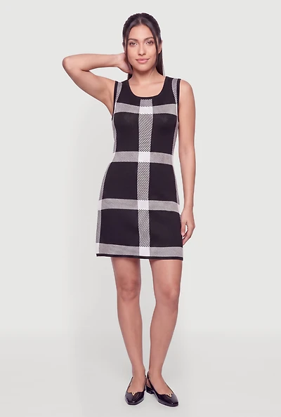 Windowpane Scoop Neck Mini Dress