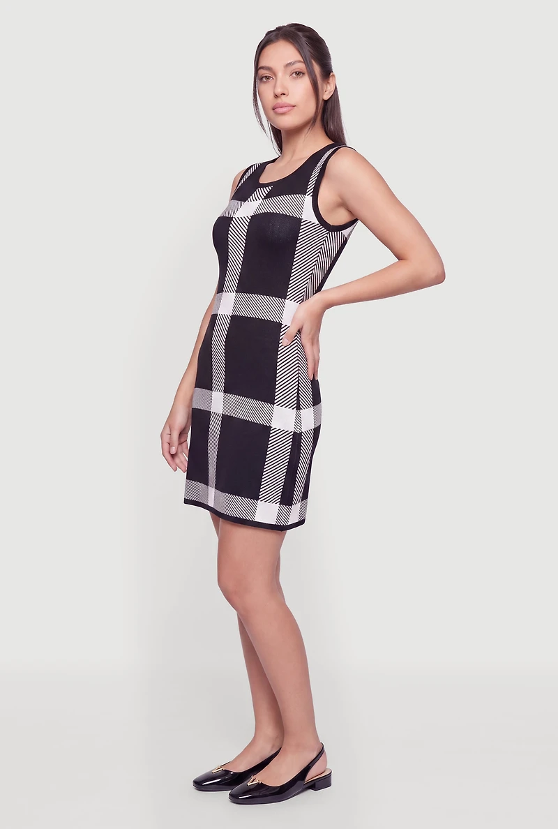 Windowpane Scoop Neck Mini Dress