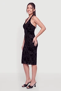 Floral Velvet Burnout Mesh Halter Midi Dress