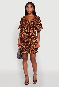 Womens Trendy Leopard Print Tiered V-Neck Cinched Waist Dress, Brown, Size L