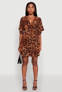 Womens Trendy Leopard Print Tiered V-Neck Cinched Waist Dress, Brown, Size L
