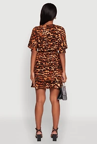 Womens Trendy Leopard Print Tiered V-Neck Cinched Waist Dress, Brown, Size S