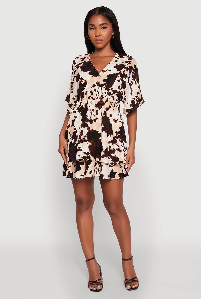 Womens Trendy Printed Tiered Cinched Waist V-Neck Dress, Multi,