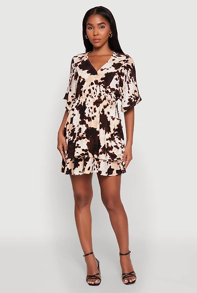Womens Trendy Printed Tiered Cinched Waist V-Neck Dress, Multi,
