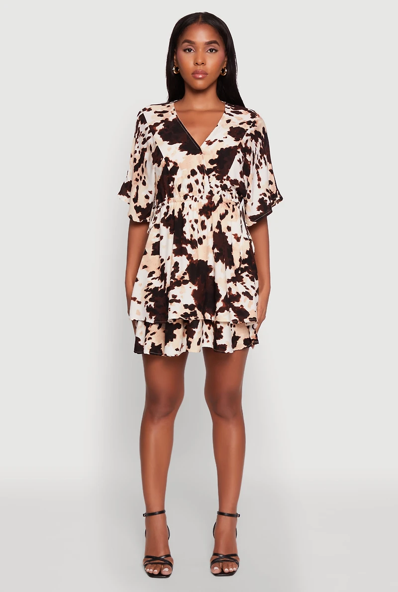 Womens Trendy Printed Tiered Cinched Waist V-Neck Dress, Multi,