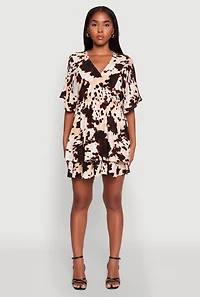 Womens Trendy Printed Tiered Cinched Waist V-Neck Dress, Multi,