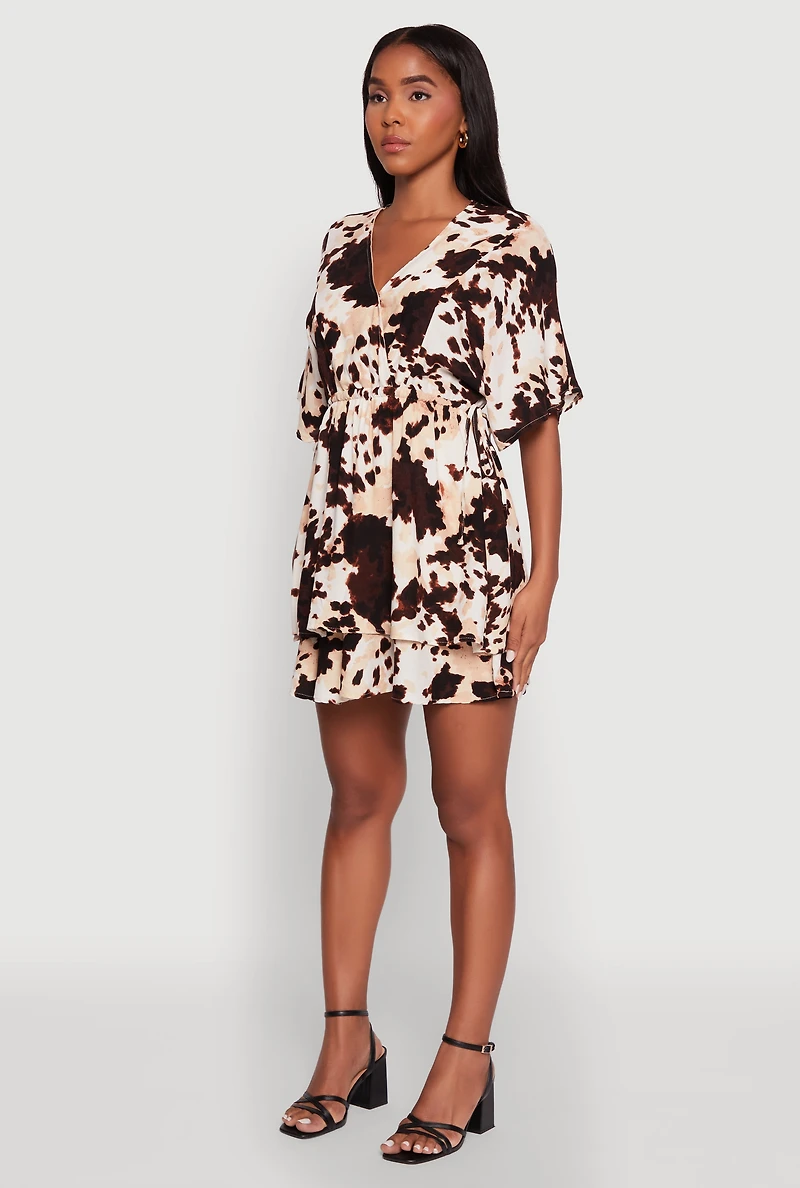 Womens Trendy Printed Tiered Cinched Waist V-Neck Dress, Multi,