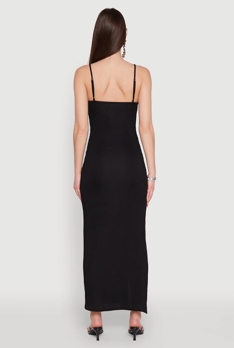 Womens Rib Knit Side Slit Midi Dress, Black, Size M