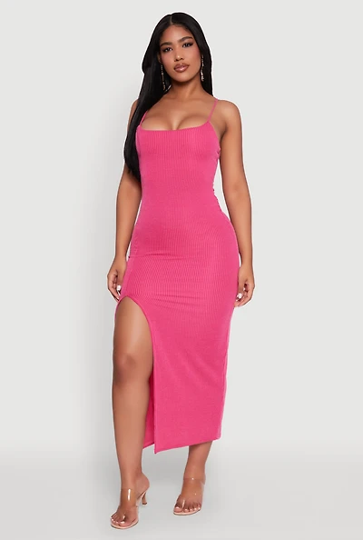 Womens Rib Knit Side Slit Midi Dress, Pink, Size S