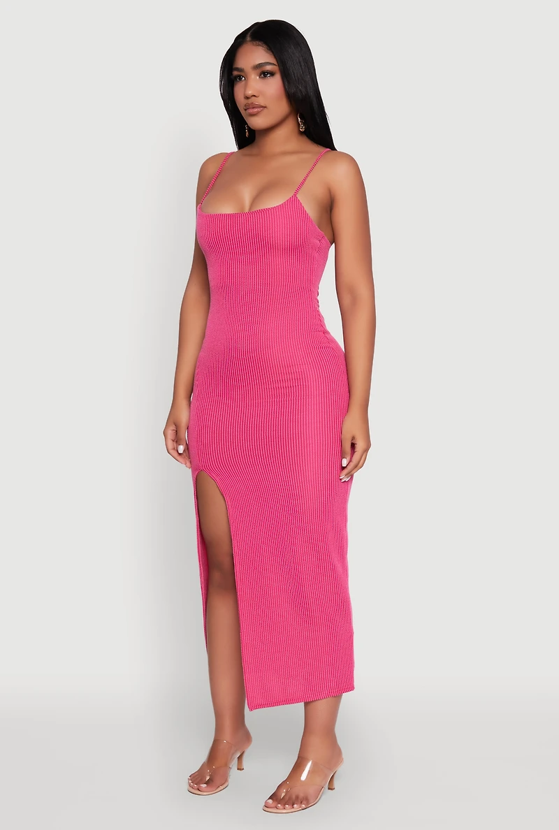 Womens Rib Knit Side Slit Midi Dress, Pink, Size S