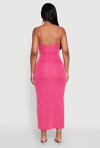Womens Rib Knit Side Slit Midi Dress, Pink, Size S