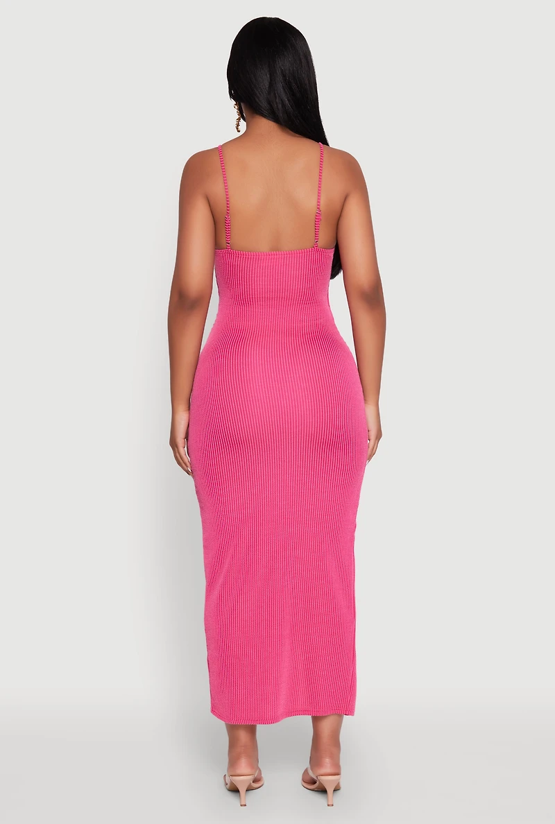 Womens Rib Knit Side Slit Midi Dress, Pink, Size M