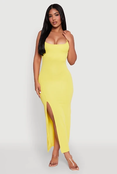 Womens Rib Knit Side Slit Midi Dress, Yellow, Size M
