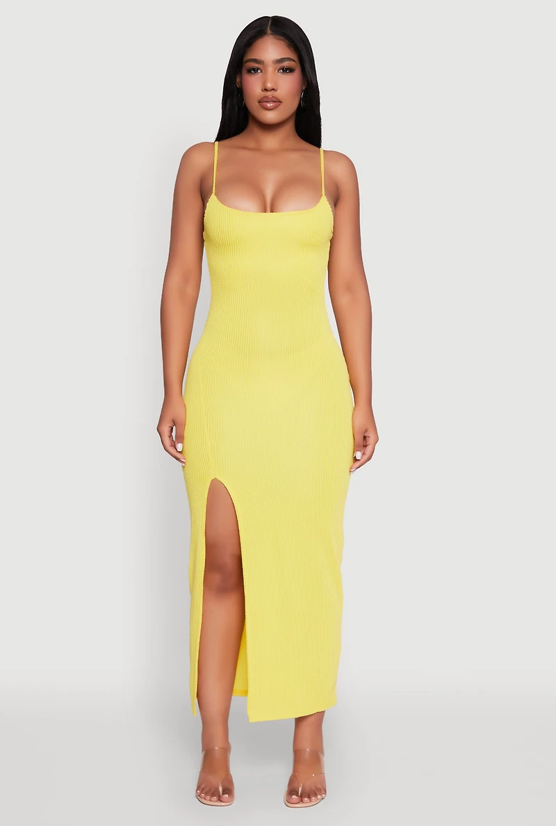 Womens Rib Knit Side Slit Midi Dress, Yellow, Size M