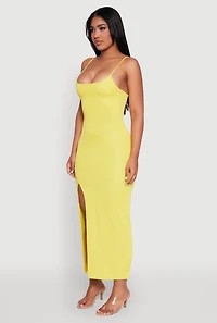 Womens Rib Knit Side Slit Midi Dress, Yellow, Size M