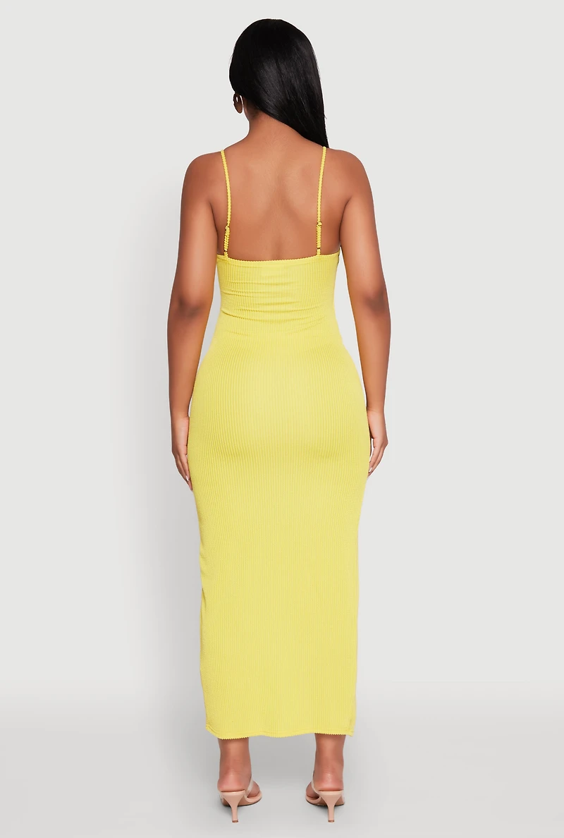 Womens Rib Knit Side Slit Midi Dress, Yellow, Size M