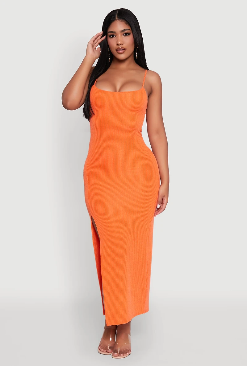 Womens Rib Knit Side Slit Midi Dress, Orange, Size S