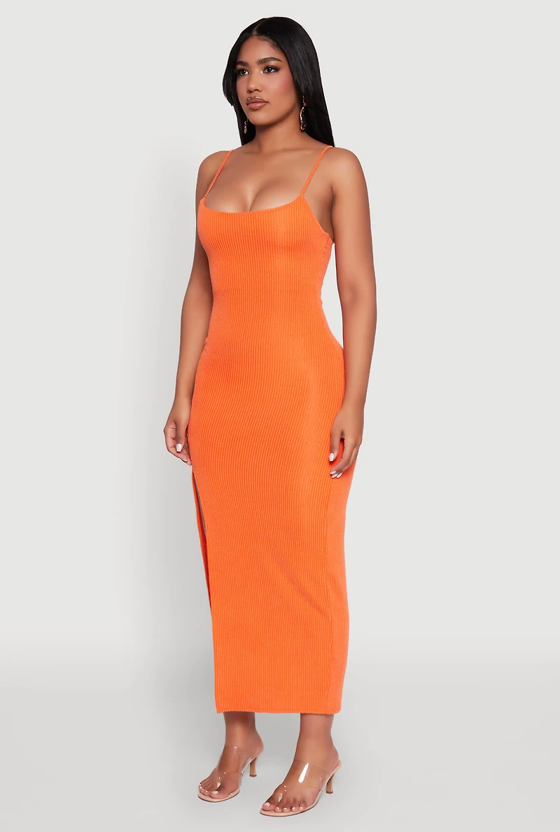 Womens Rib Knit Side Slit Midi Dress, Orange, Size S
