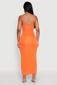 Womens Rib Knit Side Slit Midi Dress, Orange, Size S
