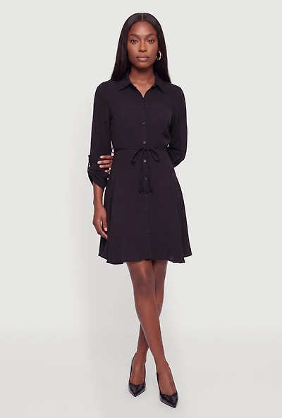 Tie Waist Belted Button Front Shirt Dress
