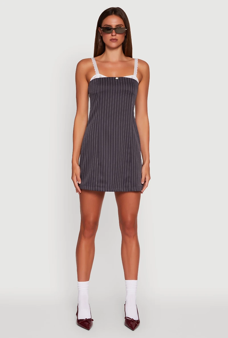 Womens Patterned Lace Trim Sleeveless Mini Dress, Blue, Size L