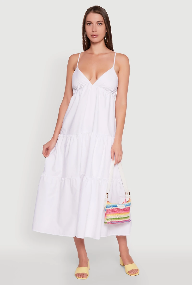 Womens Trendy V-Neck Sleeveless Tiered Maxi Dress, White, Size XL