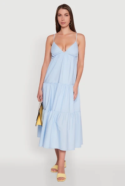 Womens Trendy V-Neck Sleeveless Tiered Maxi Dress, Blue, Size L