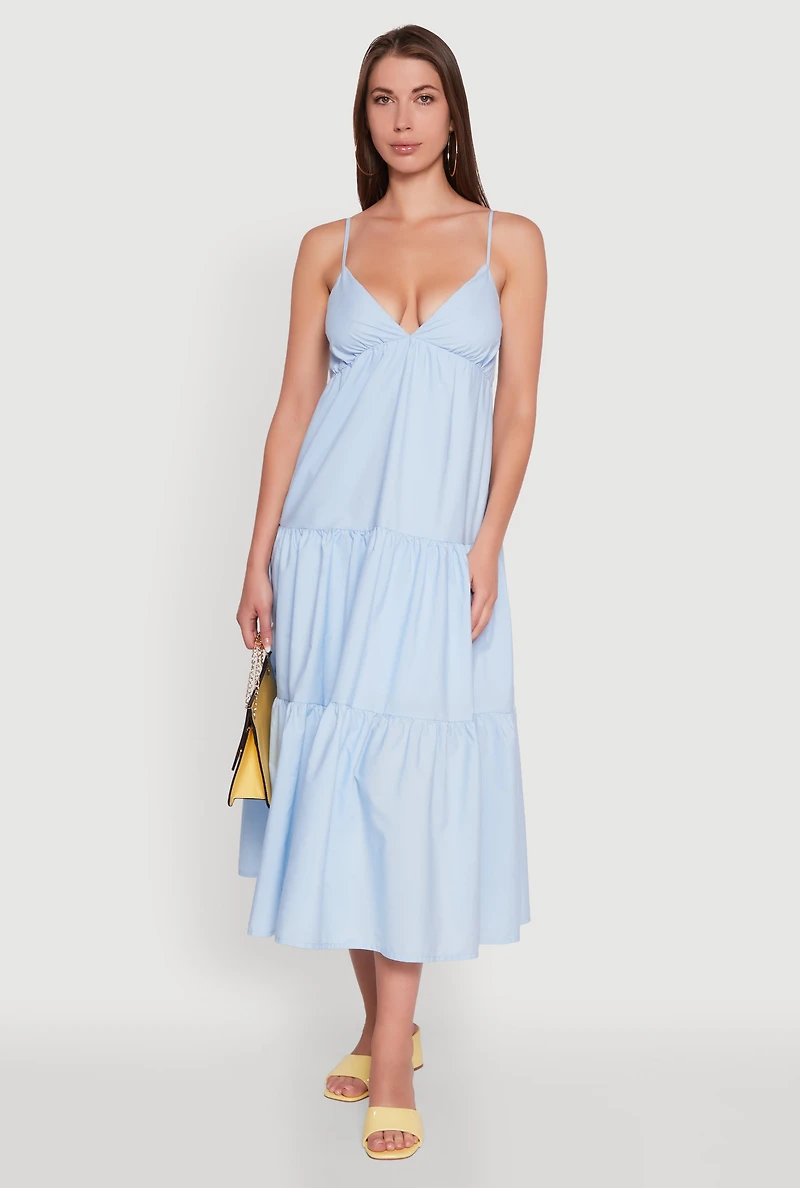 Womens Trendy V-Neck Sleeveless Tiered Maxi Dress, Blue,
