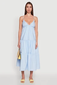 Womens Trendy V-Neck Sleeveless Tiered Maxi Dress, Blue,