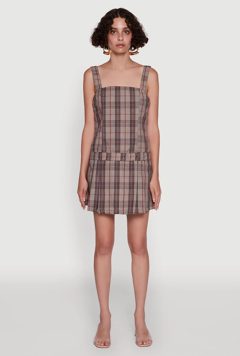 Womens Plaid Square Neck Sleeveless Pleated Hem Dress,