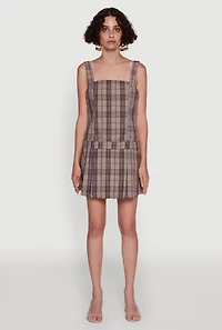 Womens Plaid Square Neck Sleeveless Pleated Hem Dress,