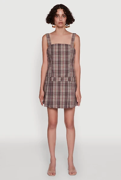Plaid Square Neck Sleeveless Pleated Hem Dress