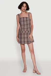 Womens Plaid Square Neck Sleeveless Pleated Hem Dress,