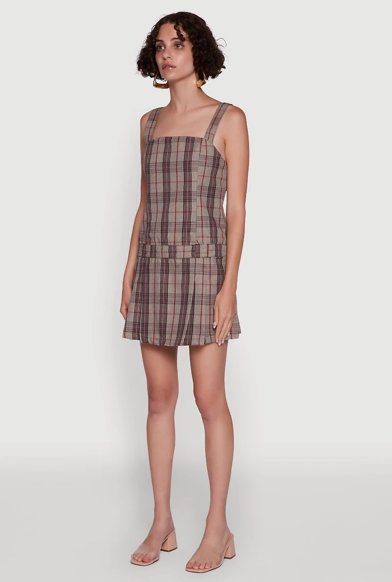 Womens Plaid Square Neck Sleeveless Pleated Hem Dress, Brown, Size S